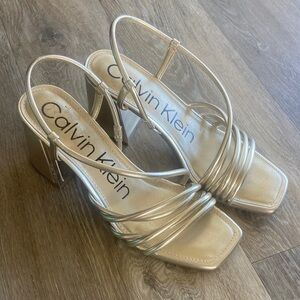 Calvin Klein Gold Strappy Block Heeled Sandals